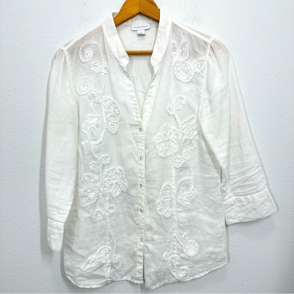 Charter Club Size 6 100% Linen White Applique 3/4 Sleeve Button Up Blouse Summer - Picture 1 of 7